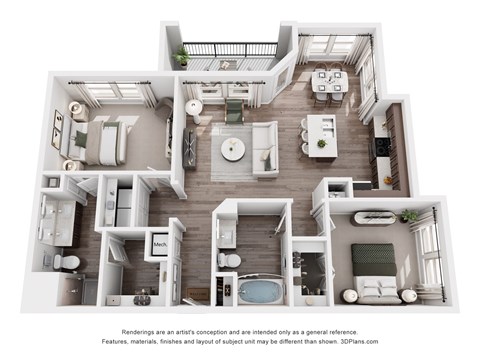 Floor plan for 2 beds, 2 baths, 1080 sqft